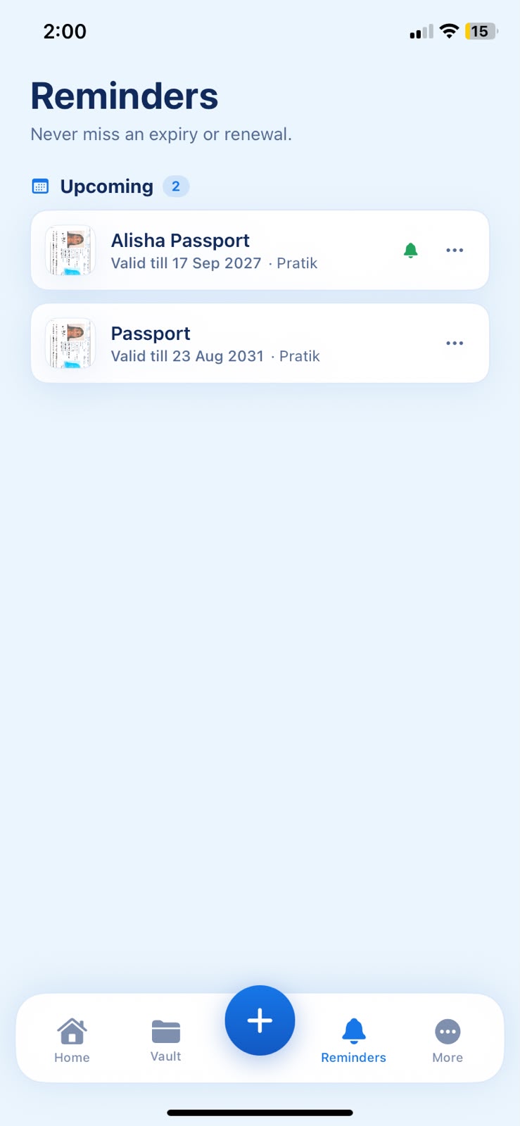 Docuvo Reminders Screen